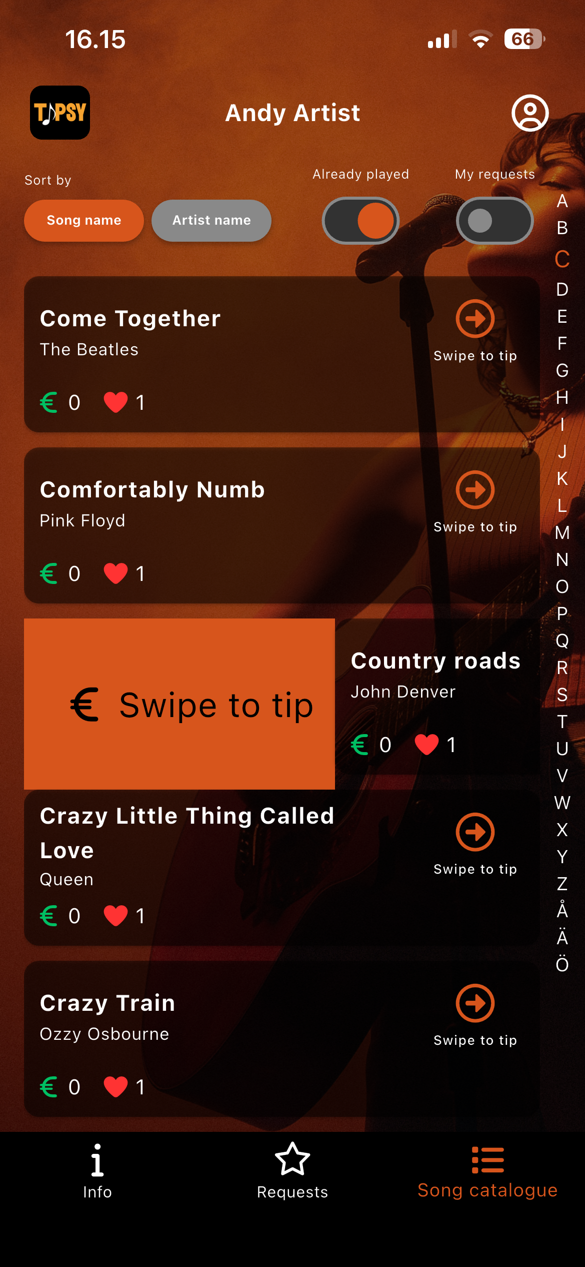 Audience requesting and tipping on Tipsy